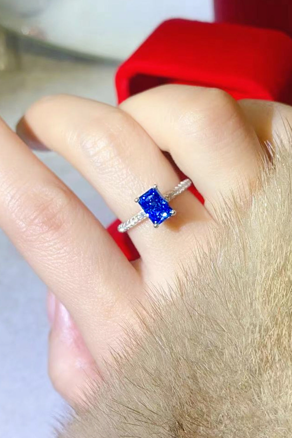 1 Carat Moissanite Rectangle Ring - 925 Sterling Silver Blue
