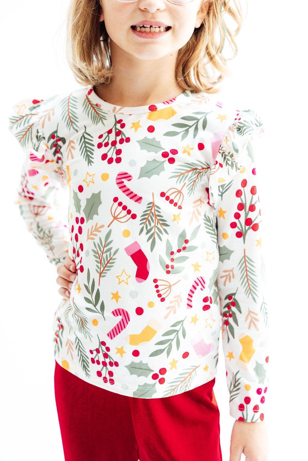 Holly Jolly Christmas Long Sleeve Ruffle Tee - Kids