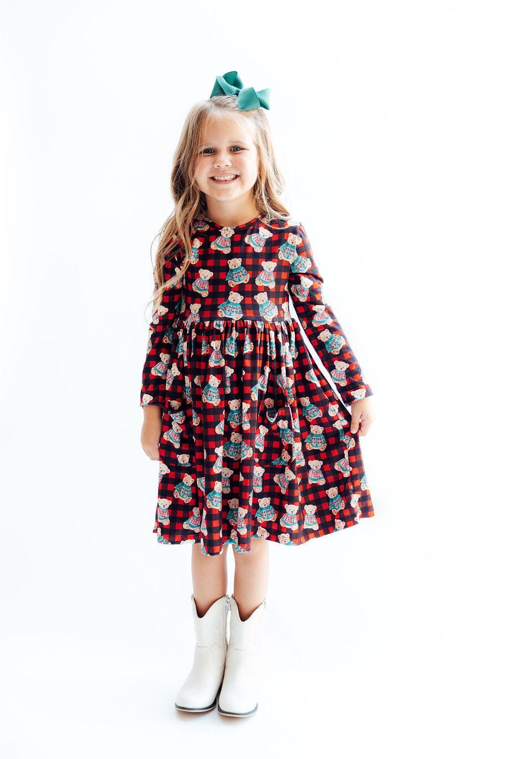 Christmas Bears Long Sleeve Twirl Dress with Pockets - Kids