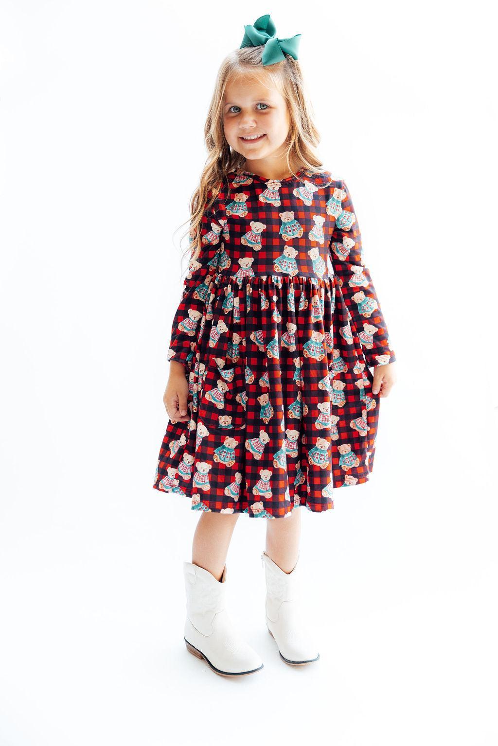 Christmas Bears Long Sleeve Twirl Dress with Pockets - Kids