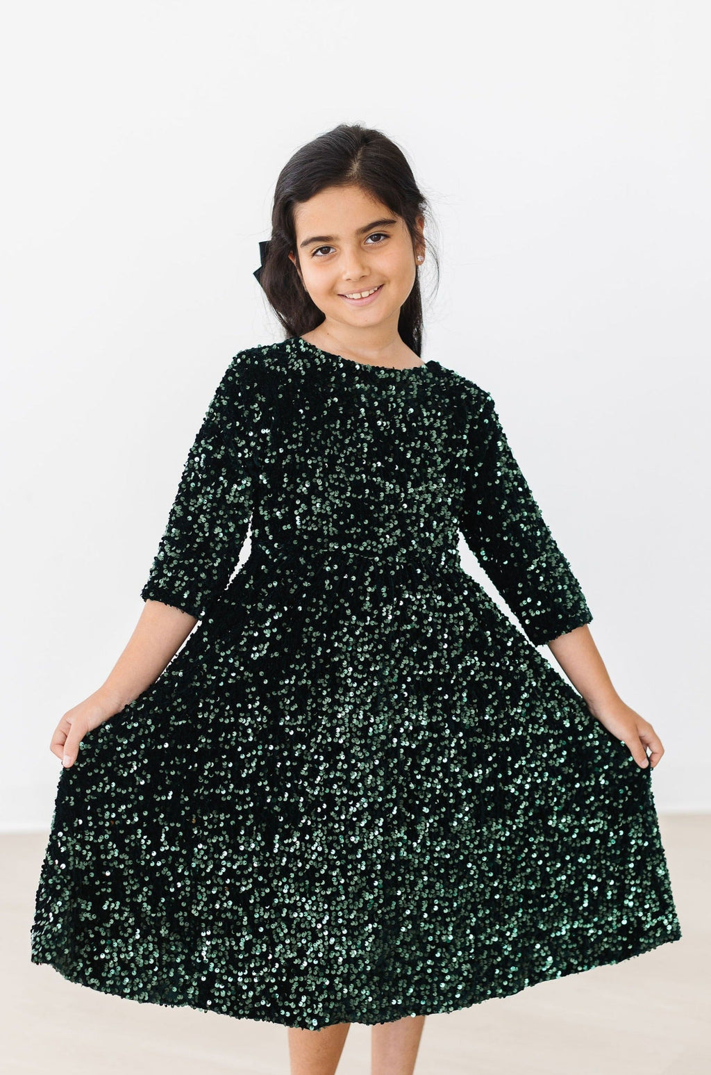 Hunter Green Velvet Sequin Dress - Kids