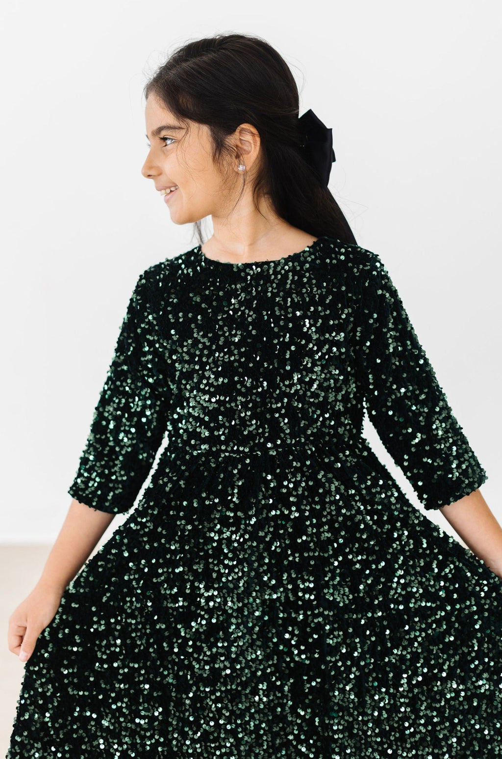Hunter Green Velvet Sequin Dress - Kids