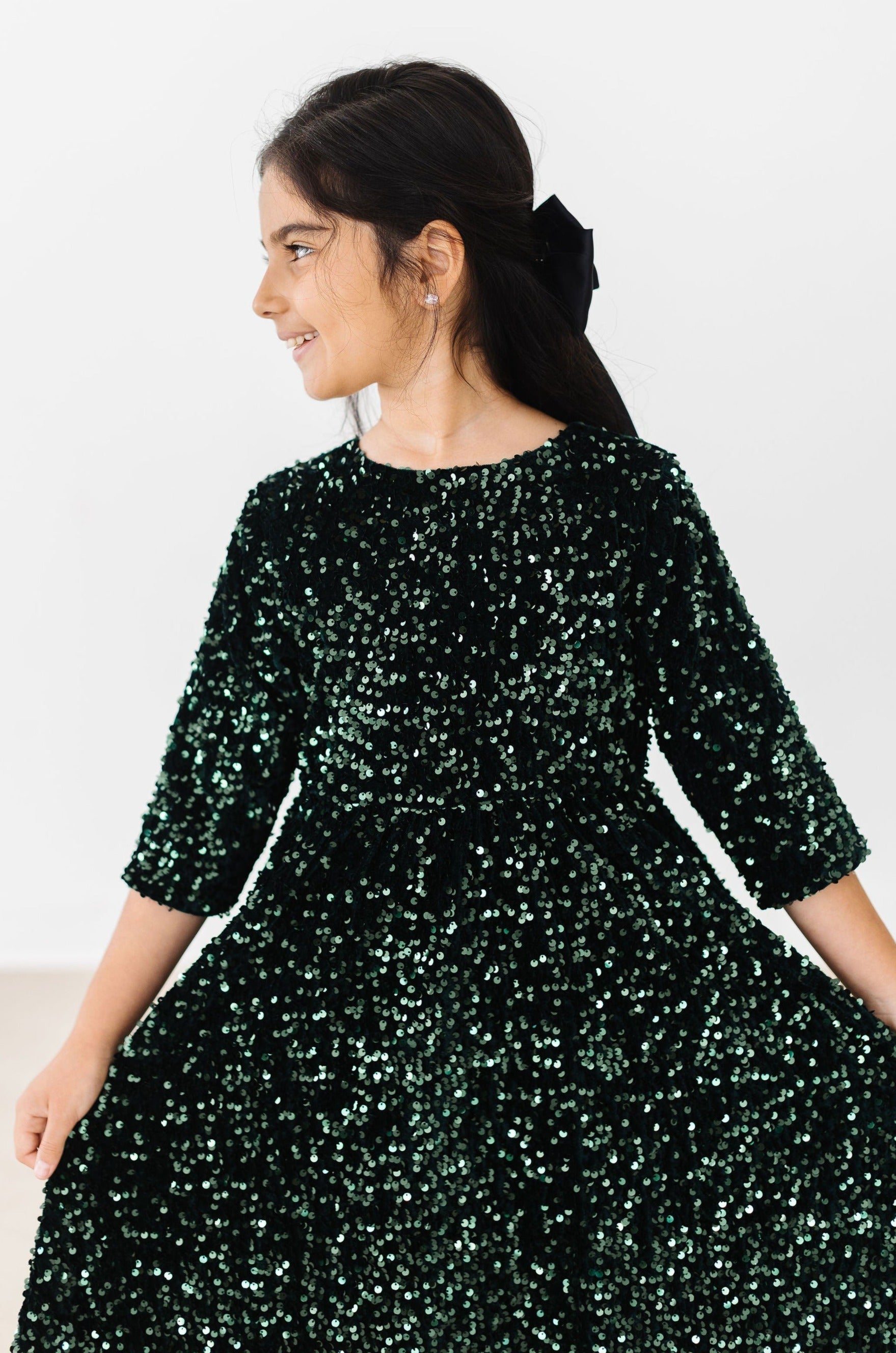 Hunter Green Velvet Sequin Dress - Kids