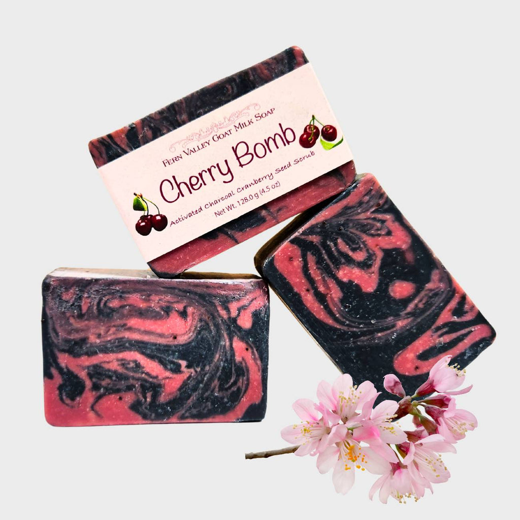Cherry Bomb Charcoal & Cranberry Seed Scrub Natural Goat Milk Soap