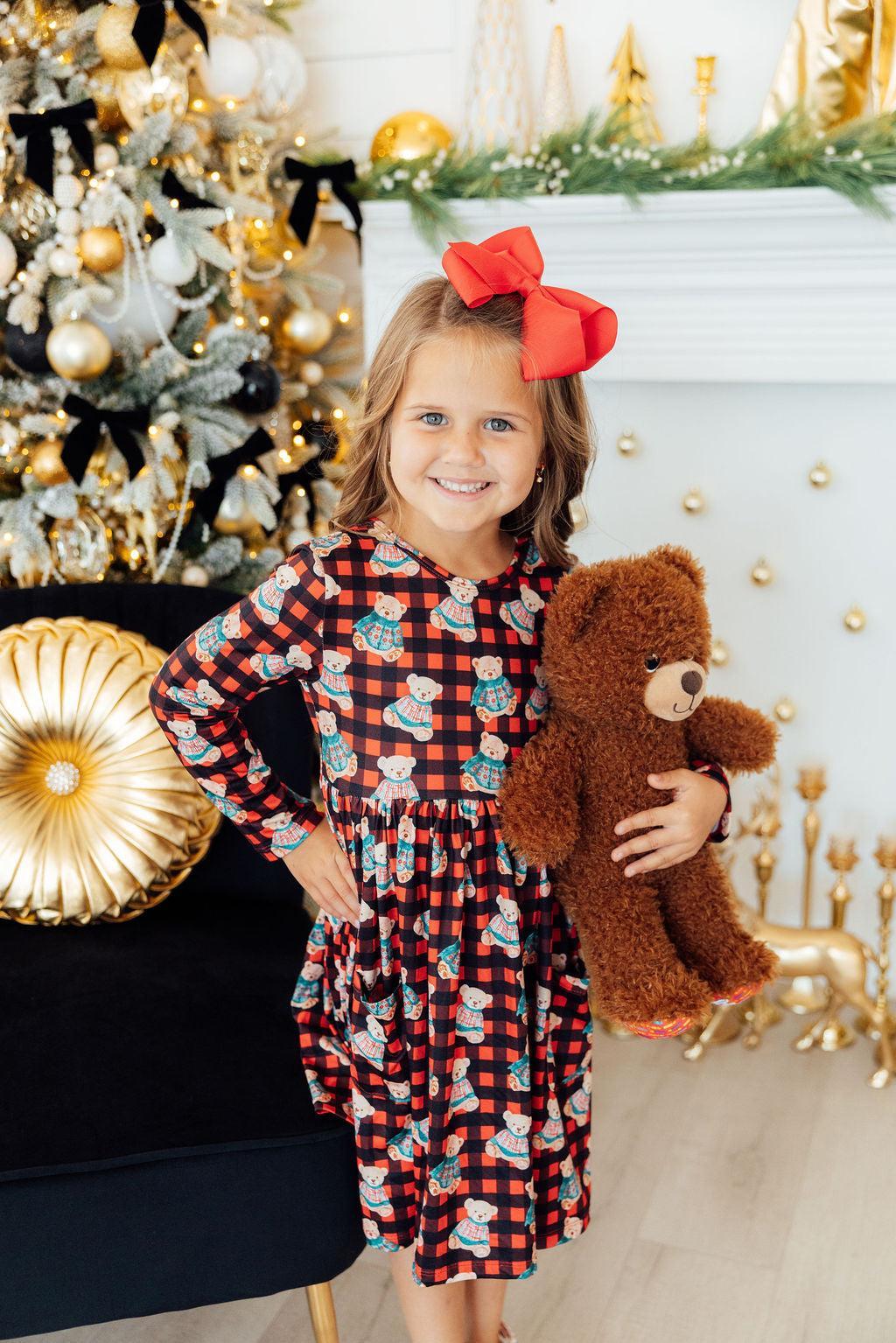 Christmas Bears Long Sleeve Twirl Dress with Pockets - Kids