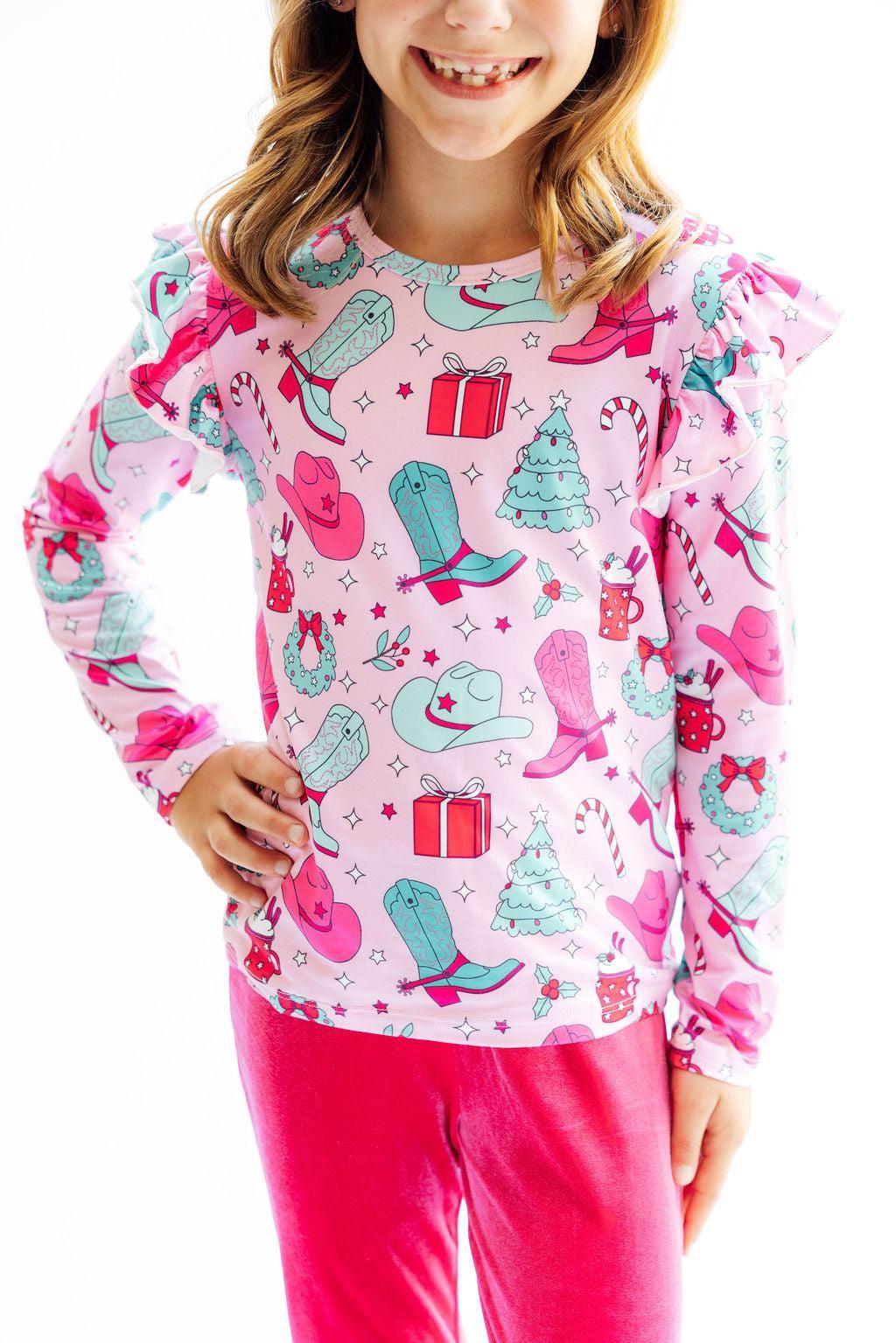 Christmas Cowgirl Long Sleeve Ruffle Tee - Kids