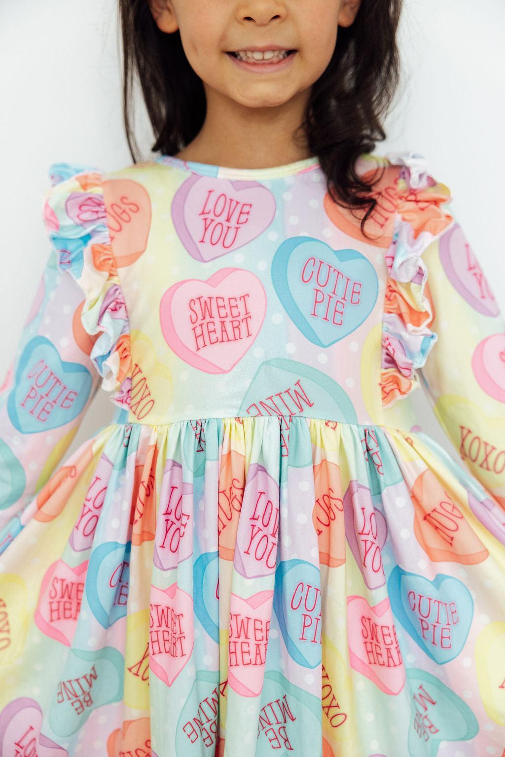 Conversation Hearts 3/4 Sleeve Ruffle Twirl Dress - Girls