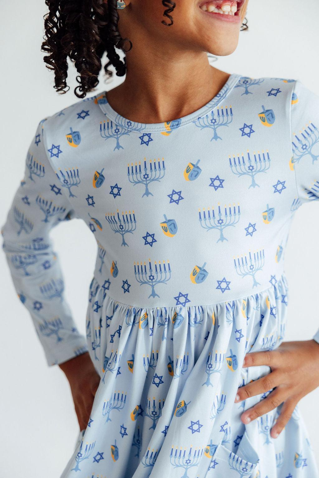 Dreidel Darling Long Sleeve Twirl Dress with Pockets - Kids