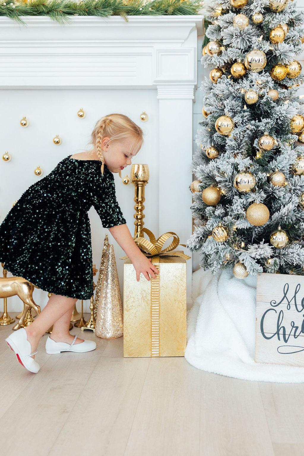 Hunter Green Velvet Sequin Dress - Kids