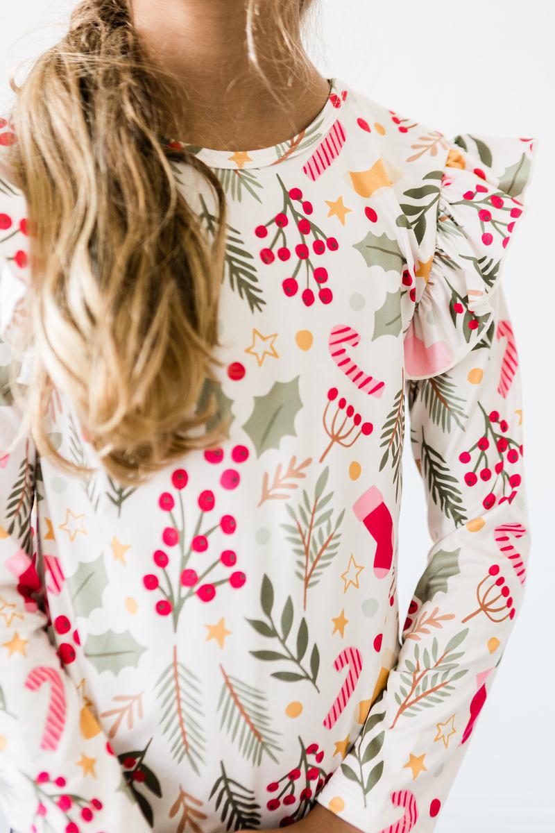 Holly Jolly Christmas Long Sleeve Ruffle Tee - Kids