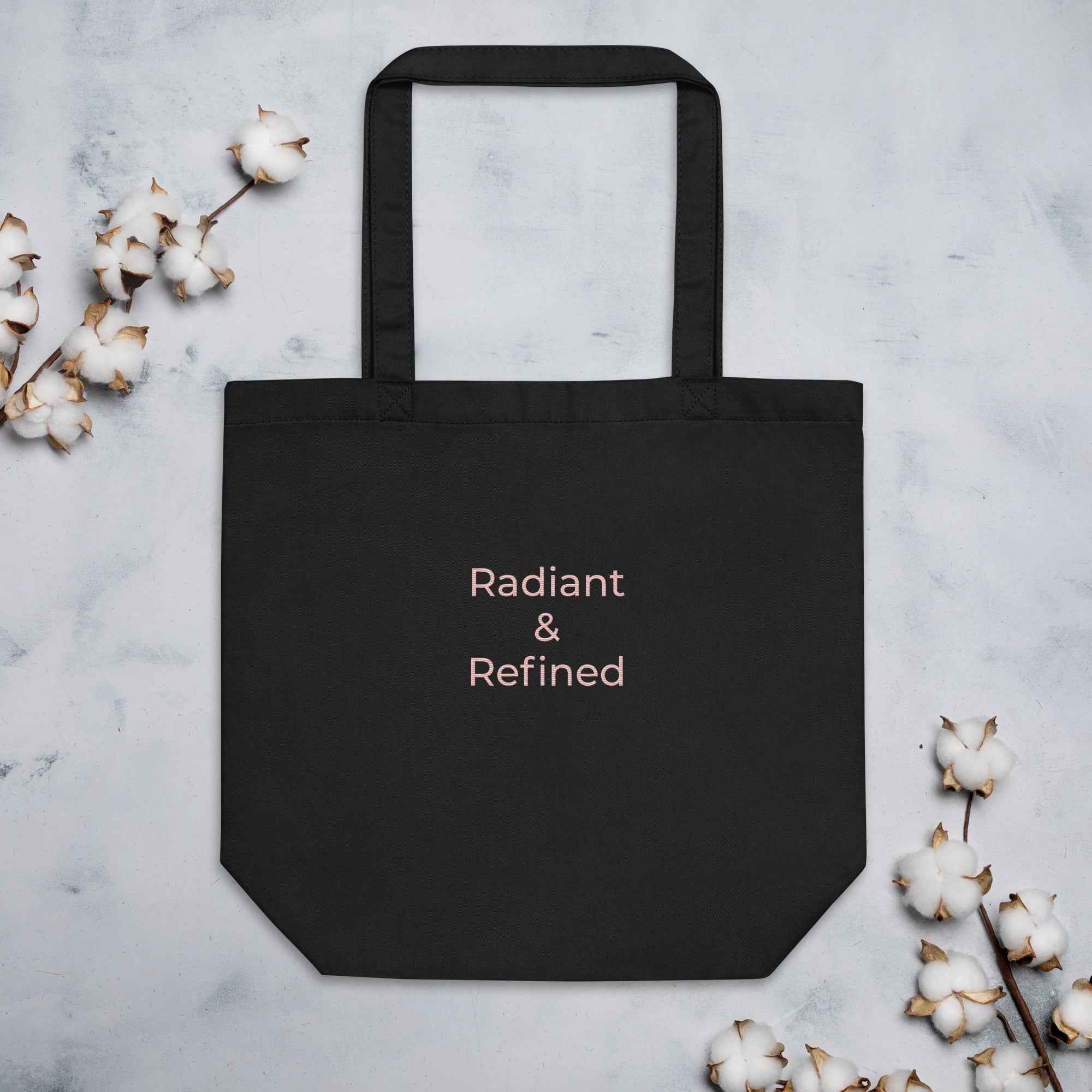Radiant & Refined Embroidered Eco Tote Bag – Rose Gold Script