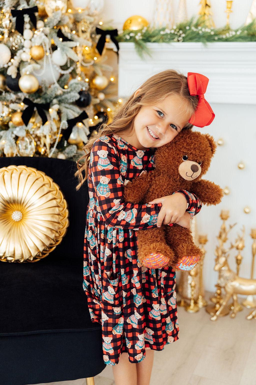 Christmas Bears Long Sleeve Twirl Dress with Pockets - Kids