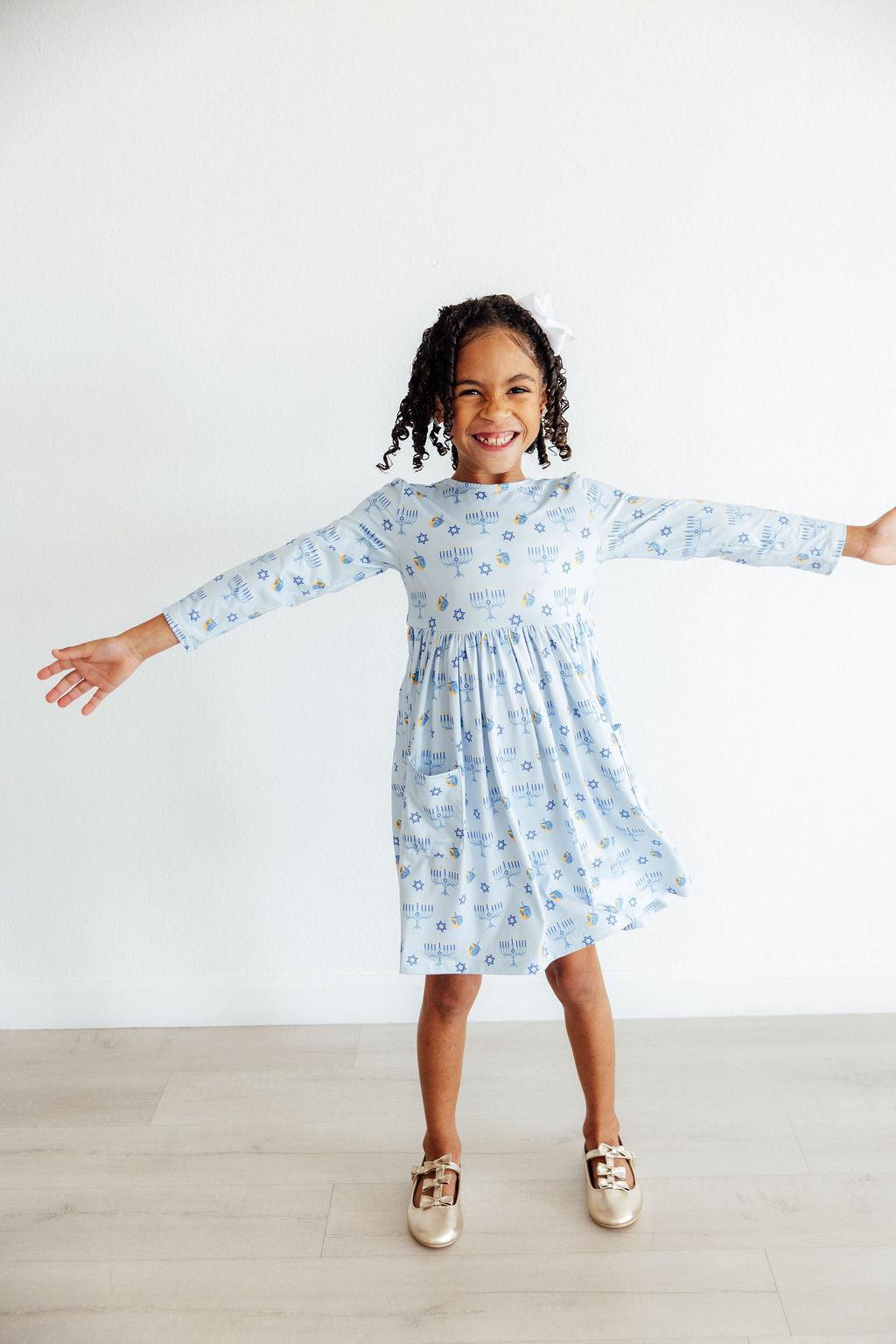 Dreidel Darling Long Sleeve Twirl Dress with Pockets - Kids