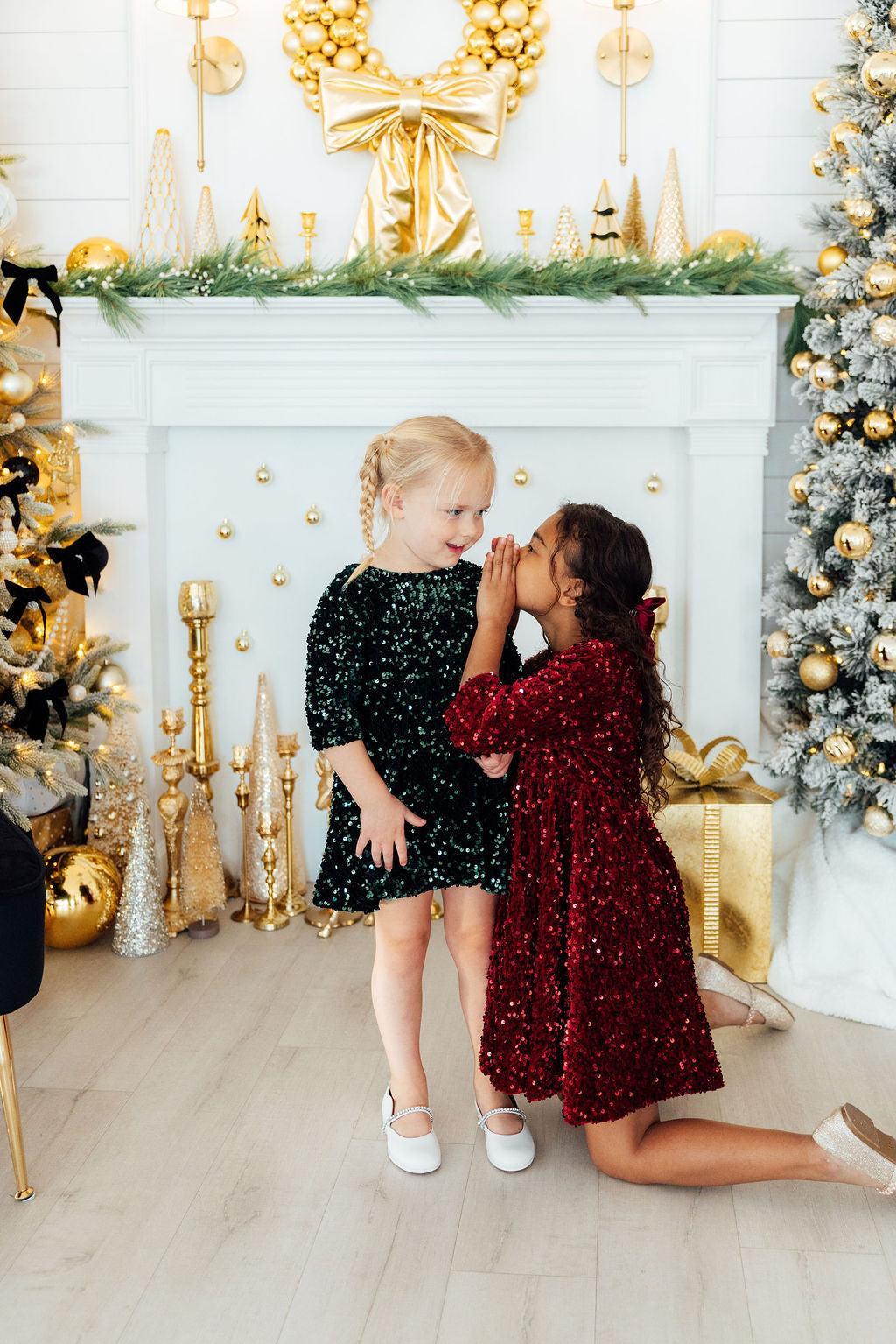 Hunter Green Velvet Sequin Dress - Kids