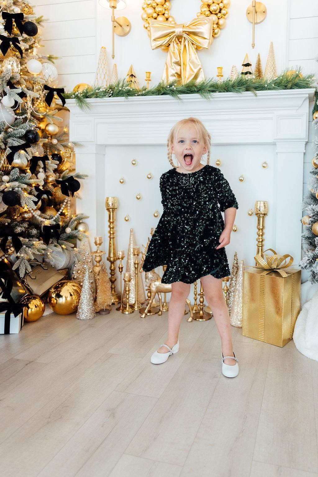 Hunter Green Velvet Sequin Dress - Kids