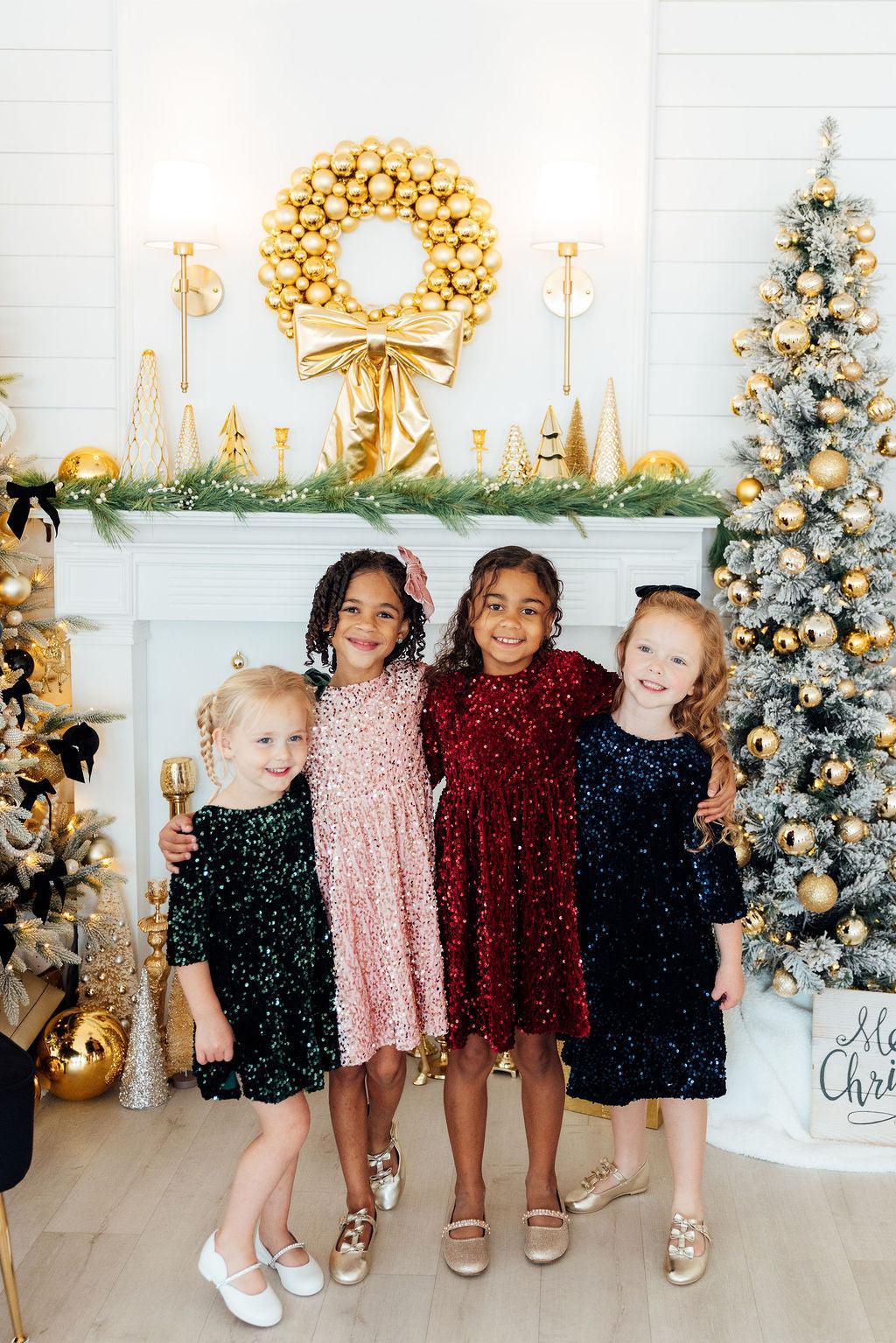 Hunter Green Velvet Sequin Dress - Kids