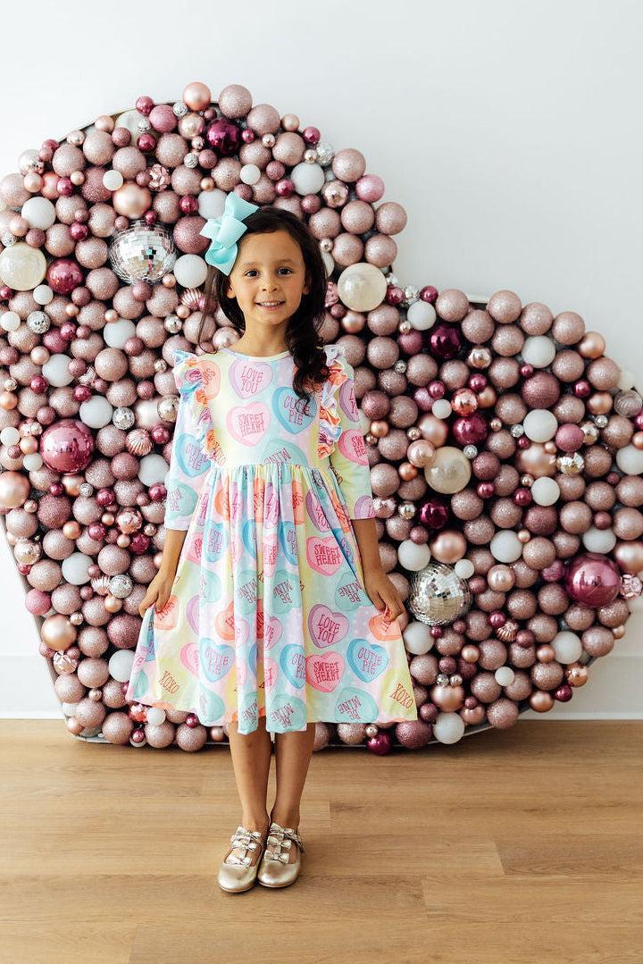 Conversation Hearts 3/4 Sleeve Ruffle Twirl Dress - Girls
