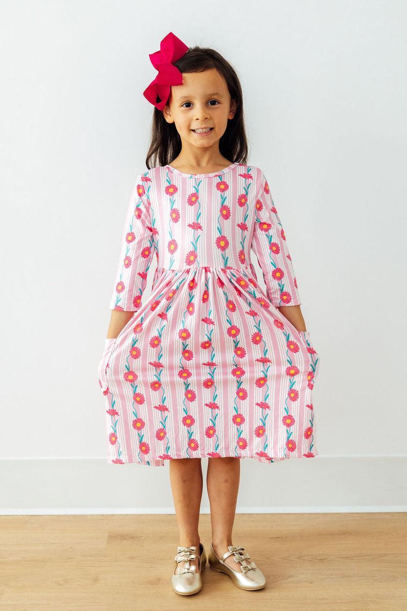 Daisy Chain 3/4 Sleeve Pocket Twirl Dress - Girls