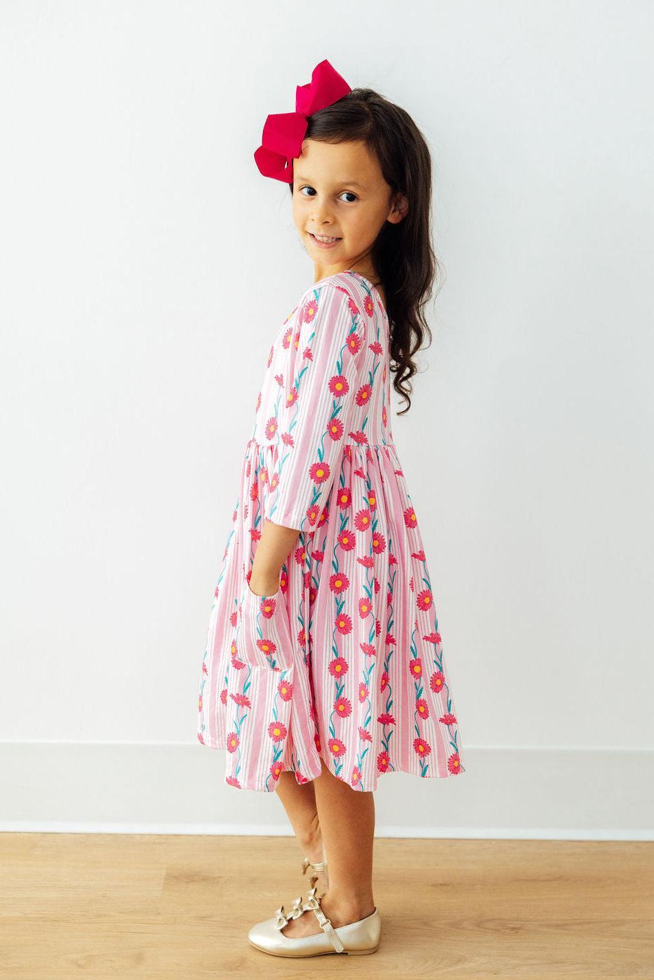 Daisy Chain 3/4 Sleeve Pocket Twirl Dress - Girls