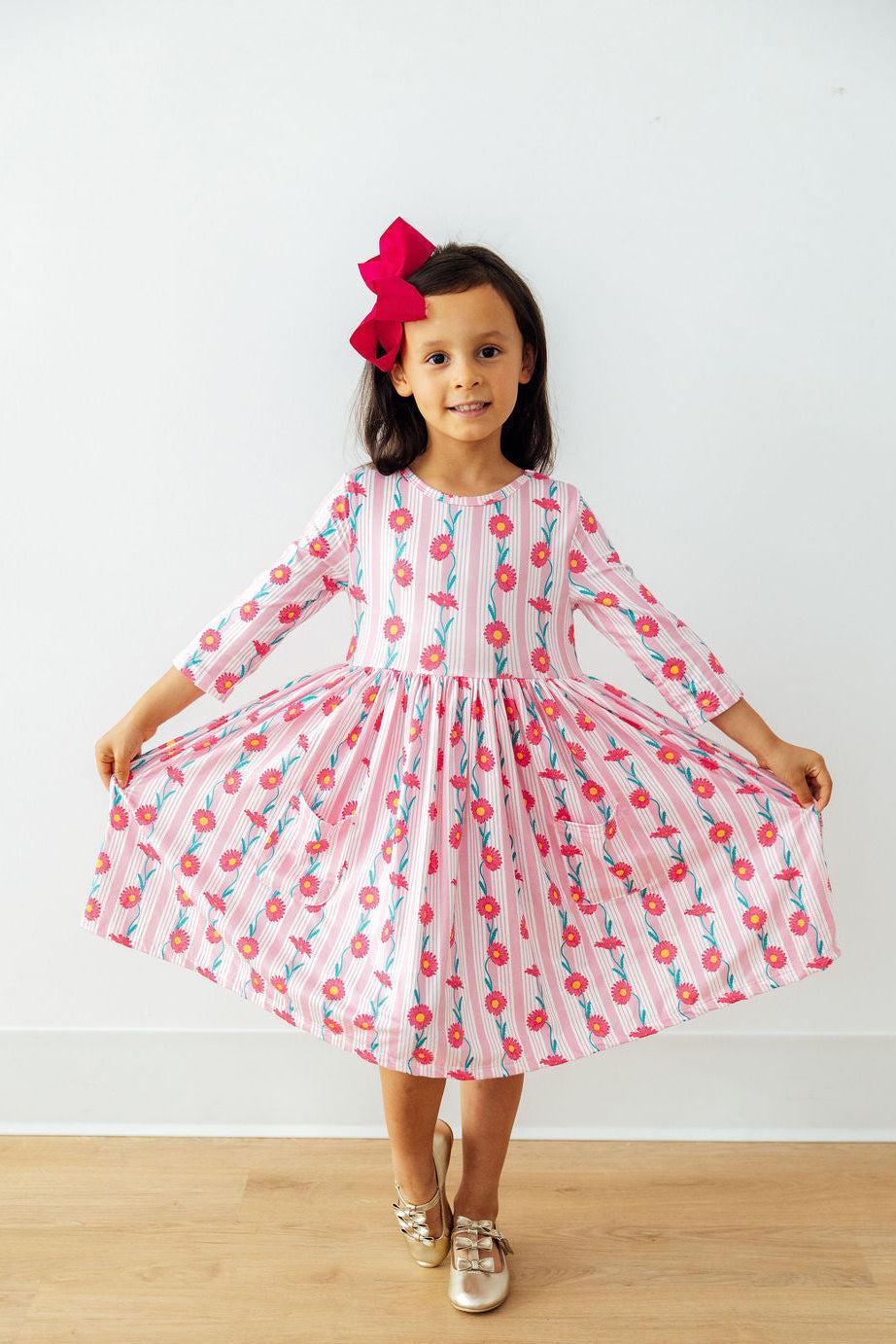 Daisy Chain 3/4 Sleeve Pocket Twirl Dress - Girls