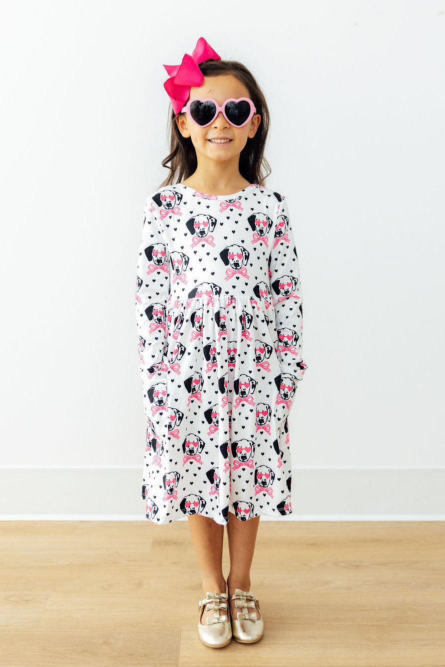 Love You Spots Long Sleeve Pocket Twirl Dress - Girls
