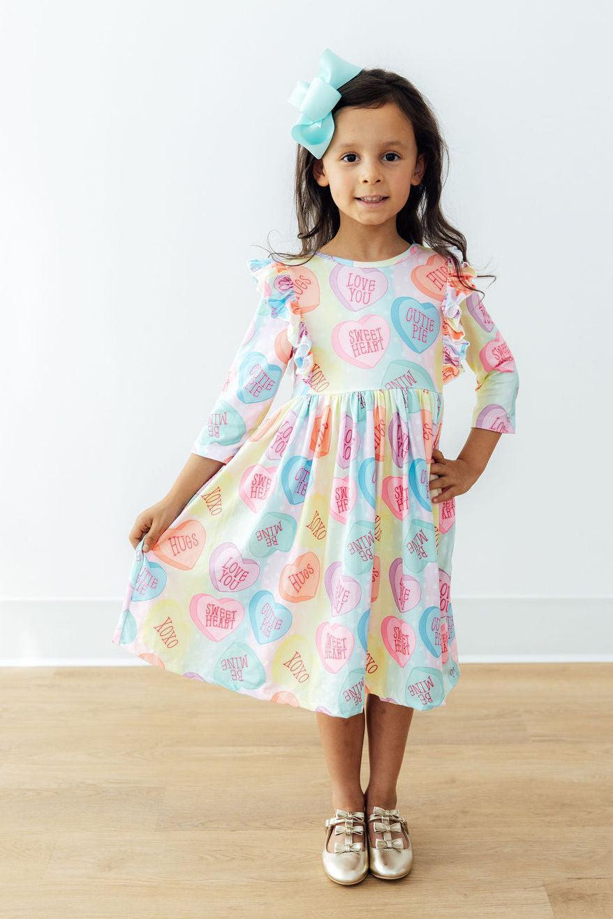 Conversation Hearts 3/4 Sleeve Ruffle Twirl Dress - Girls