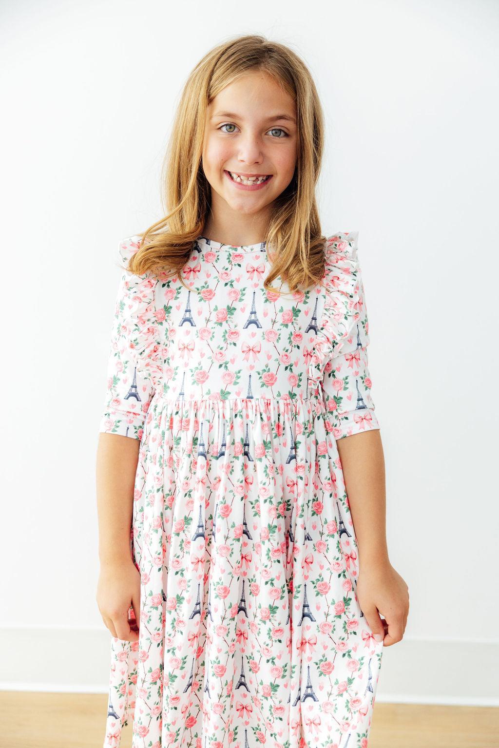 Mila in Paris 3/4 Sleeve Ruffle Twirl Dress - Girls