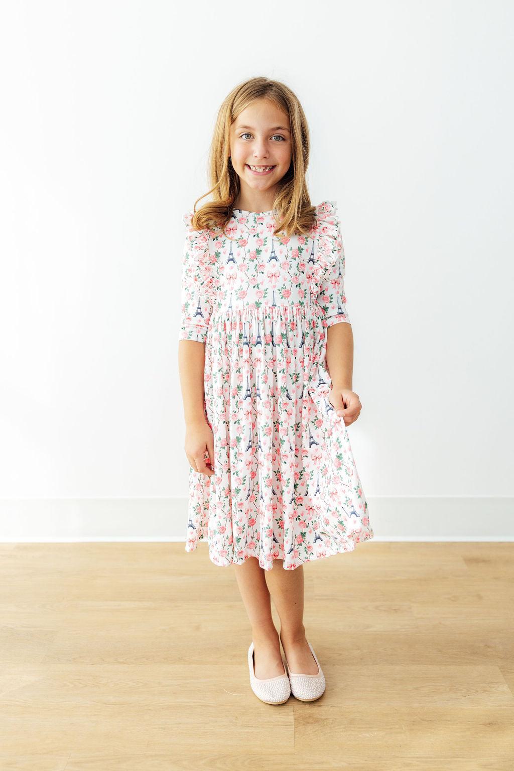 Mila in Paris 3/4 Sleeve Ruffle Twirl Dress - Girls