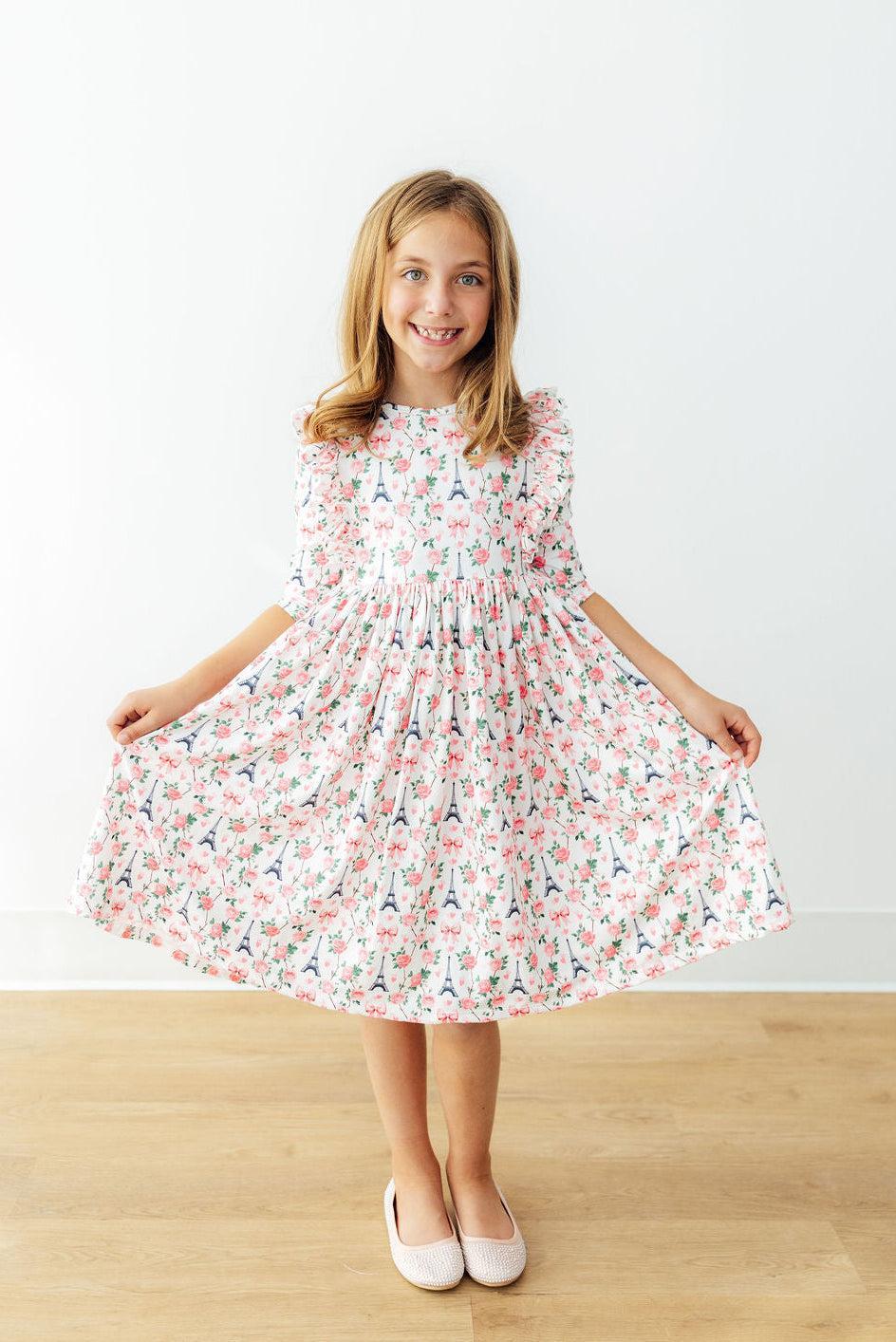 Mila in Paris 3/4 Sleeve Ruffle Twirl Dress - Girls