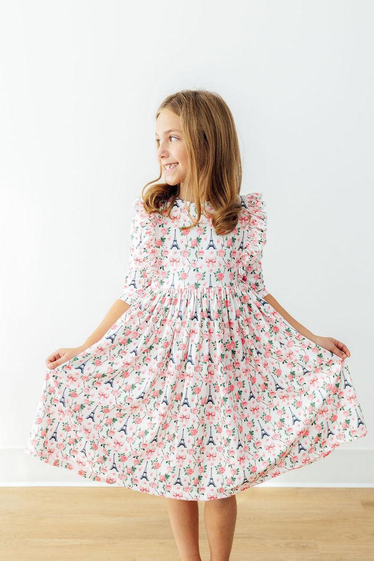 Mila in Paris 3/4 Sleeve Ruffle Twirl Dress - Girls