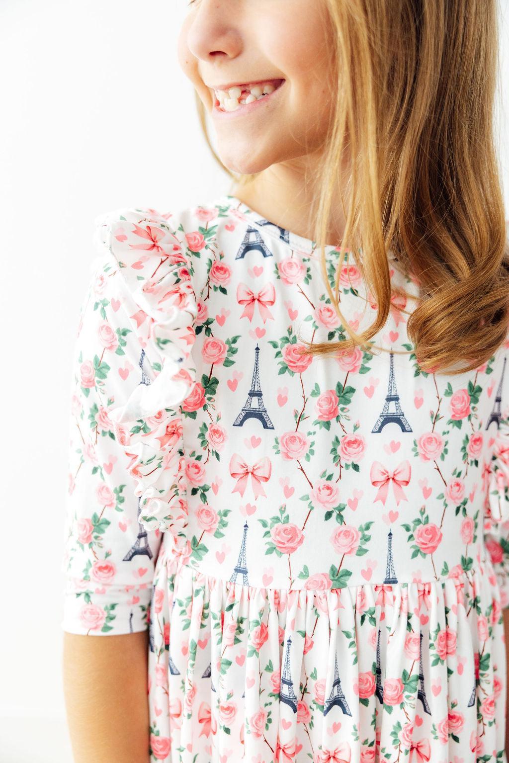 Mila in Paris 3/4 Sleeve Ruffle Twirl Dress - Girls