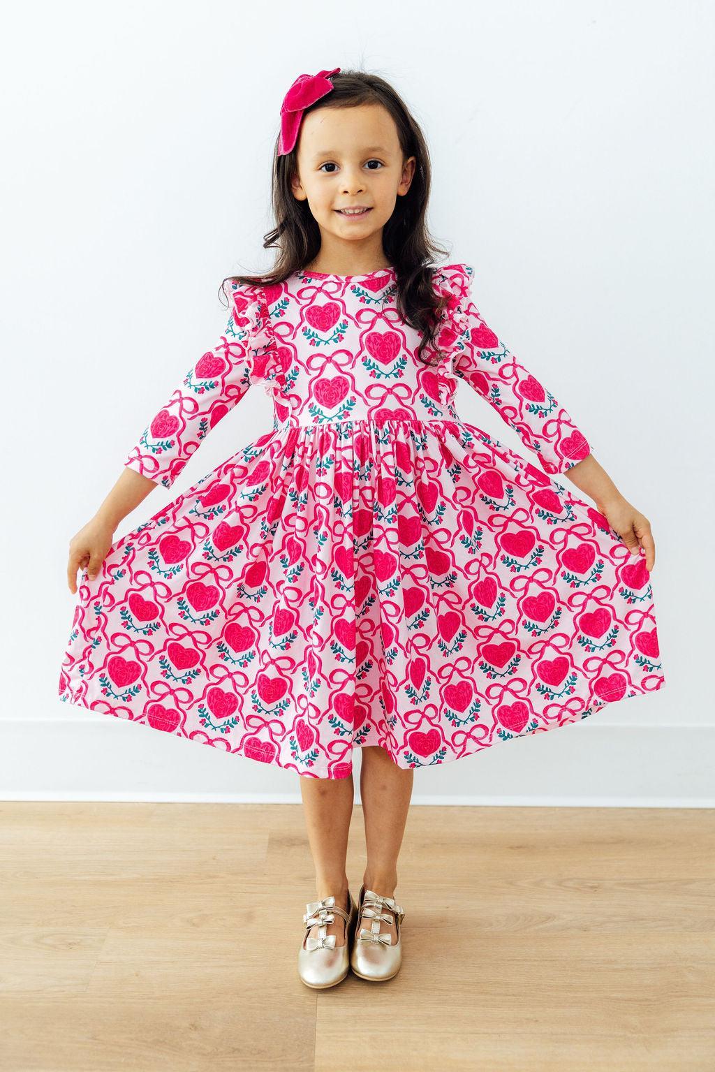 Fluttering Hearts 3/4 Sleeve Ruffle Twirl Dress - Girls