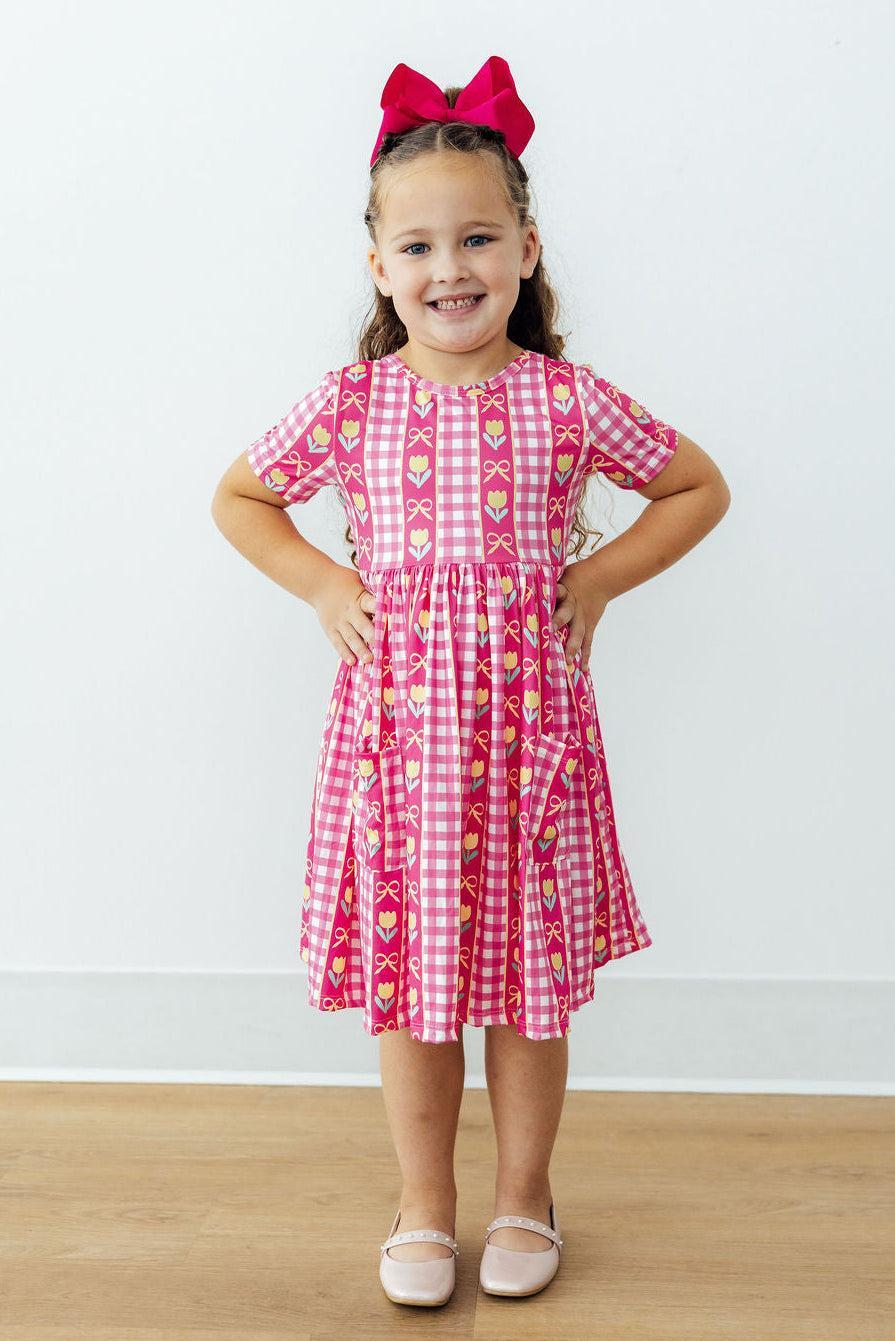I Love You Tulip Much Short Sleeve Pocket Twirl Dress - Girls