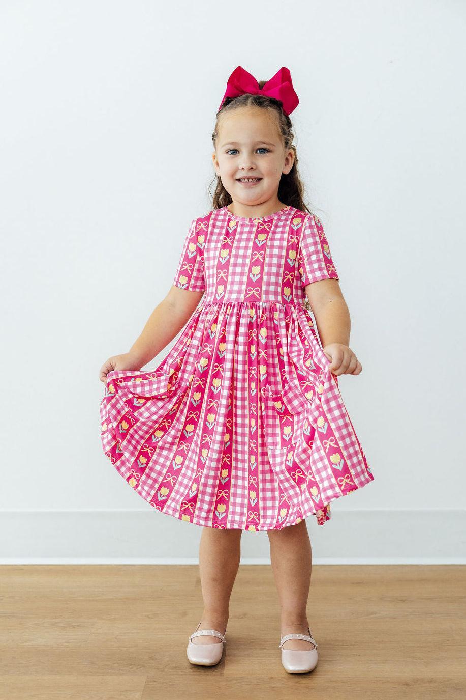 I Love You Tulip Much Short Sleeve Pocket Twirl Dress - Girls