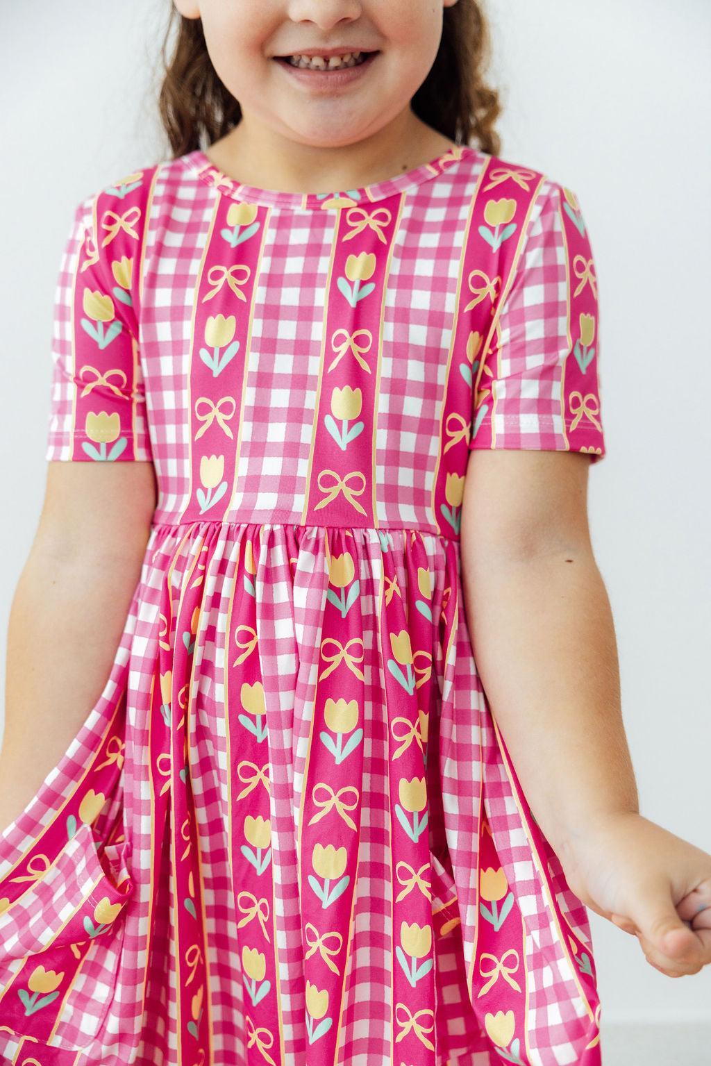 I Love You Tulip Much Short Sleeve Pocket Twirl Dress - Girls