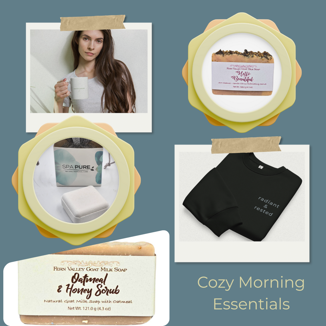 Cozy Morning Essentials Gift Set – Embroidered Sweatshirt, Ceramic Mug, Shower Steamers, and Goat Milk Soaps